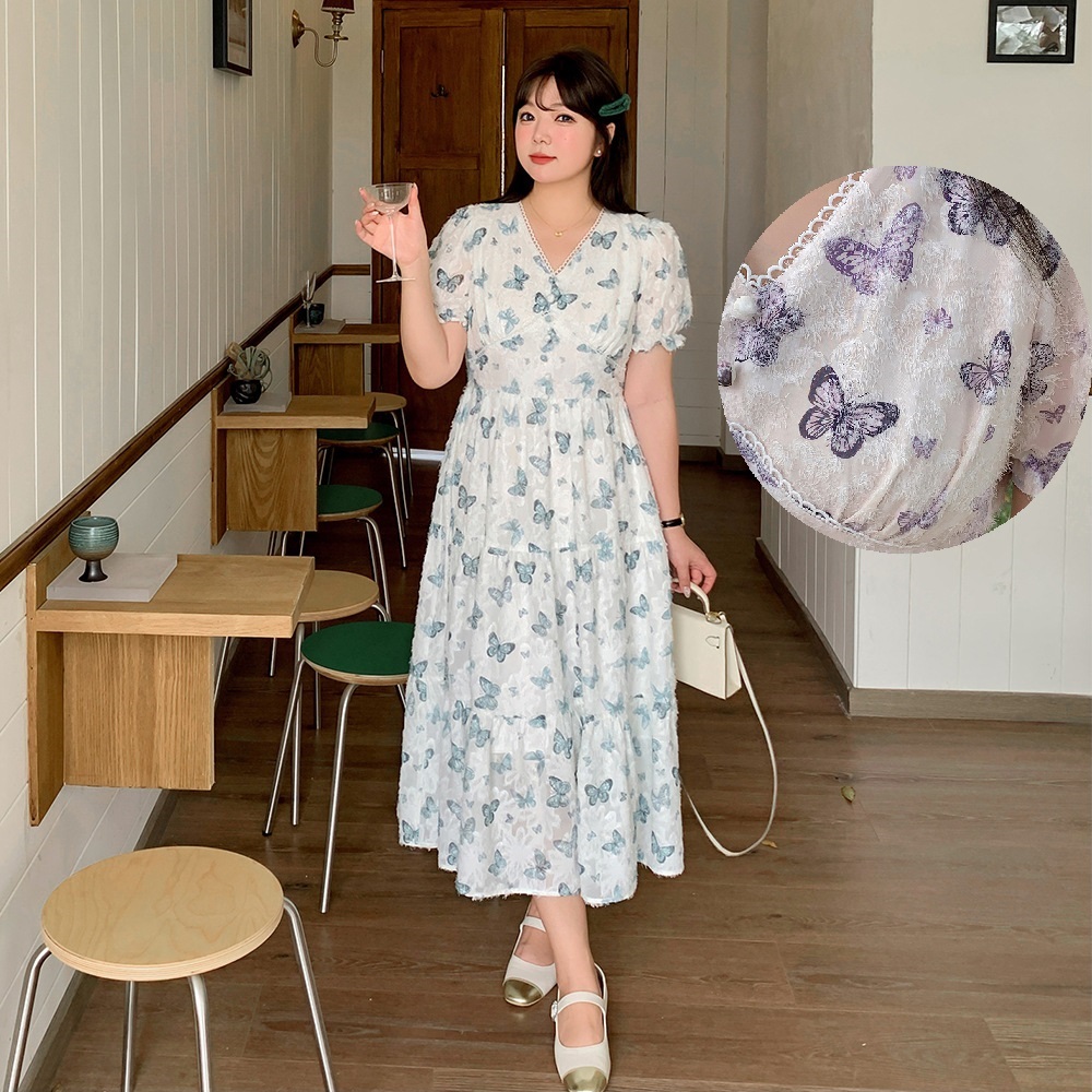 ★2L～5L大きいサイズ ★可愛いぽっちゃりさん　ウエストゴム入り　可愛い蝶々柄パフスリーブワンピース