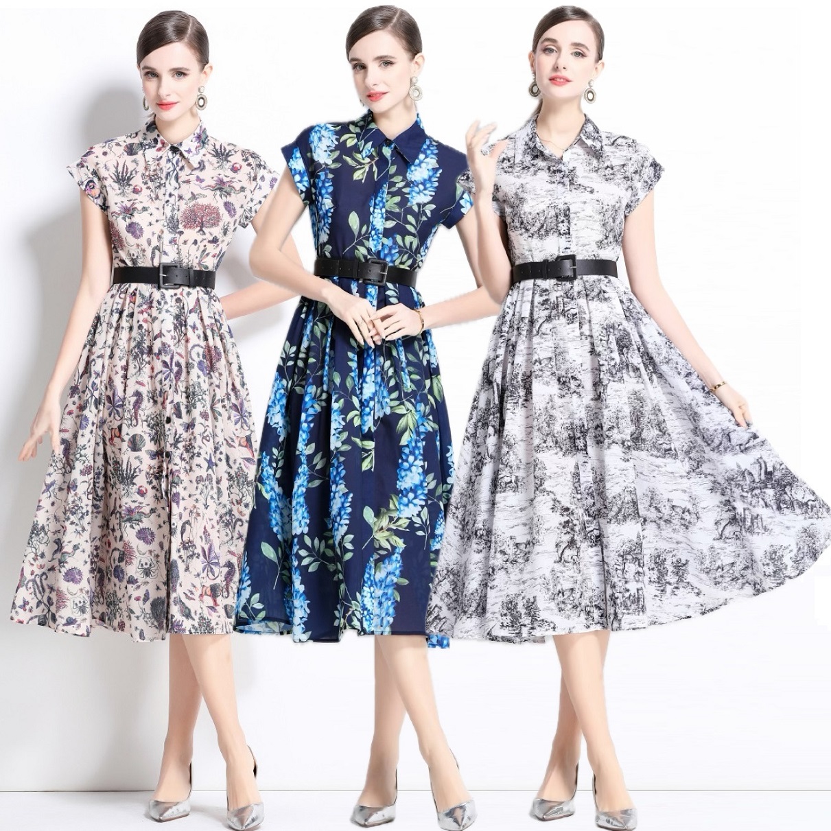 2025新作 M~3L★結婚式 パーティー 大人優雅印象　ベルト付き　花柄プリントワンピース