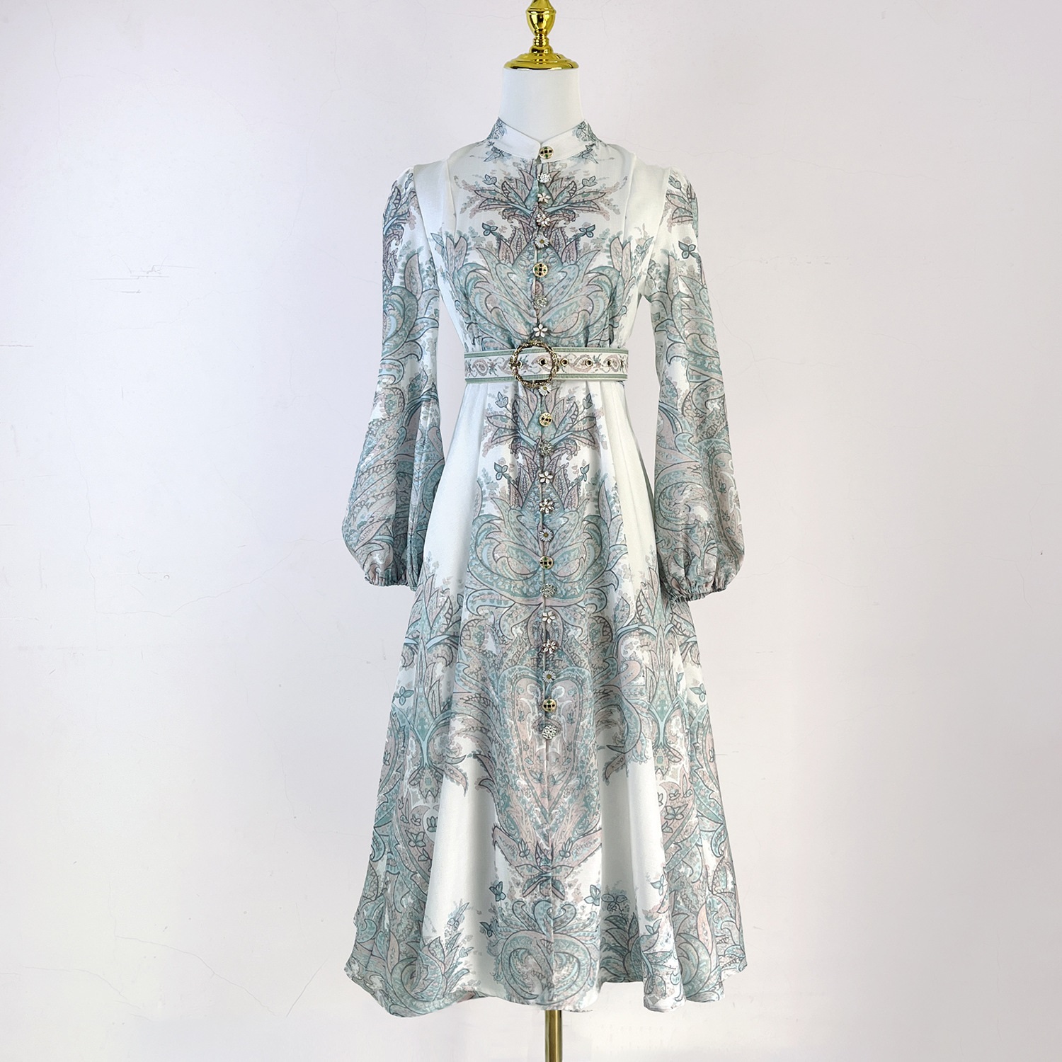 2025新作 M~3L★結婚式 パーティー ベルト付い 上品感　大人かわいい長袖パフスリーブワンピース