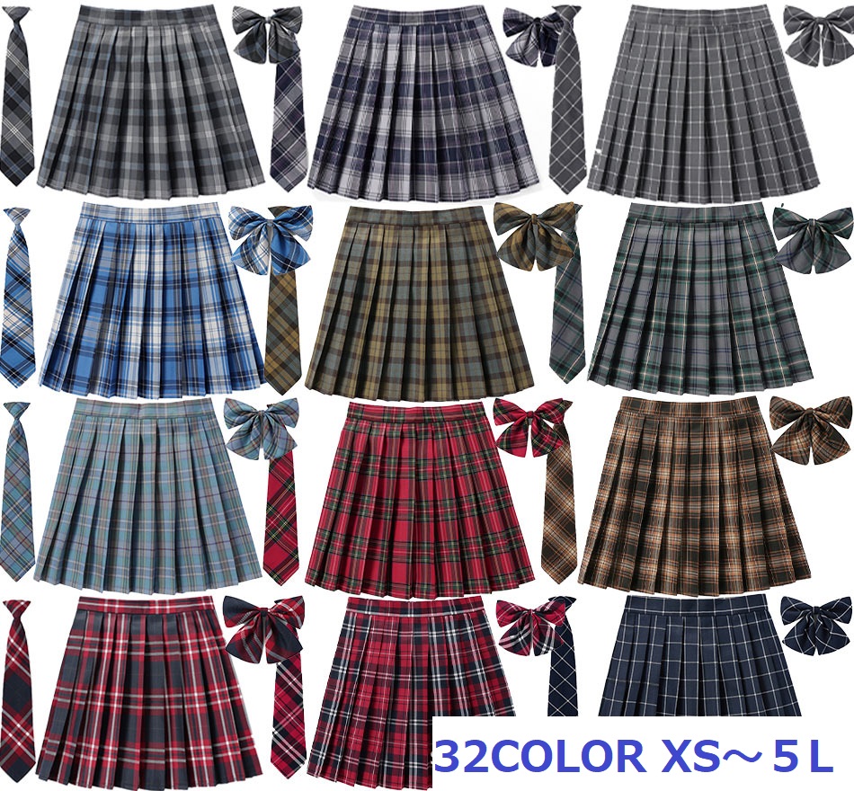New 見せパン付き 全32COLOR★XS～6L★学生風　可愛いチエック柄スカート ネック帯　リボン　３set