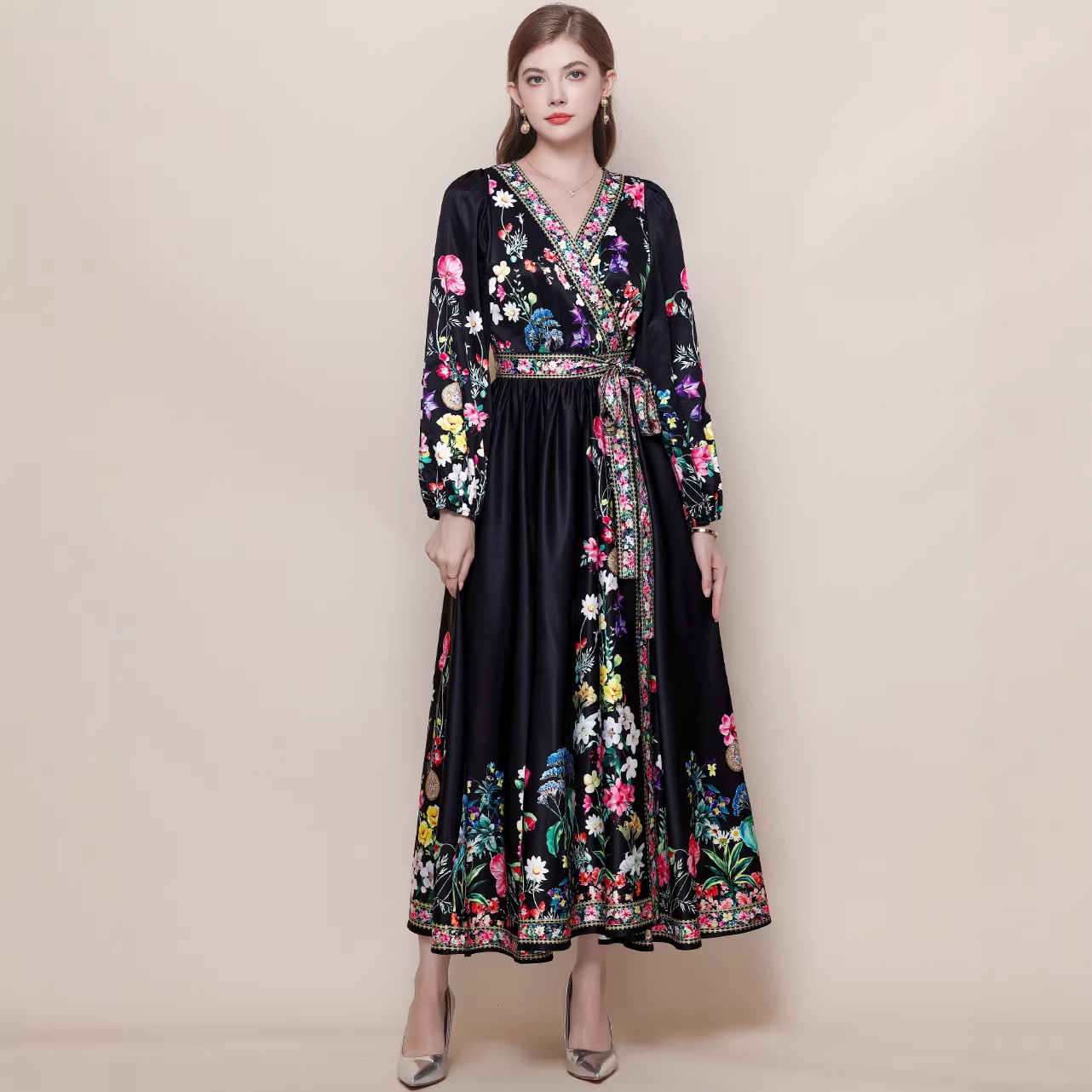 2026新作★出かけ パーティー   上品感カシュクール 可愛い長袖パフスリーブ花柄ロングワンピース