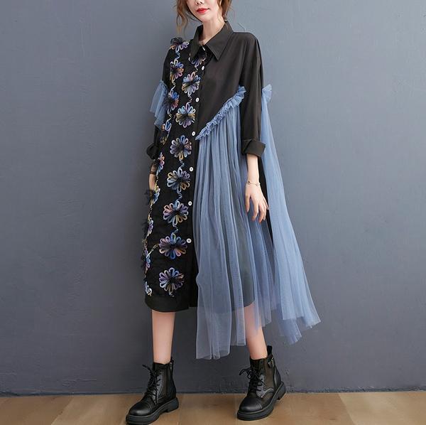 ゆったり大きいサイズ★可愛い花柄　異素材切替　ファファチュール切替ワンピース