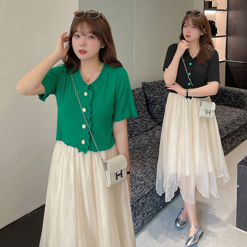 ★2L～6L 大きいサイズ★通勤 通学 ストレッチ リブ編み 可愛いフリル 花柄ボタン トップス