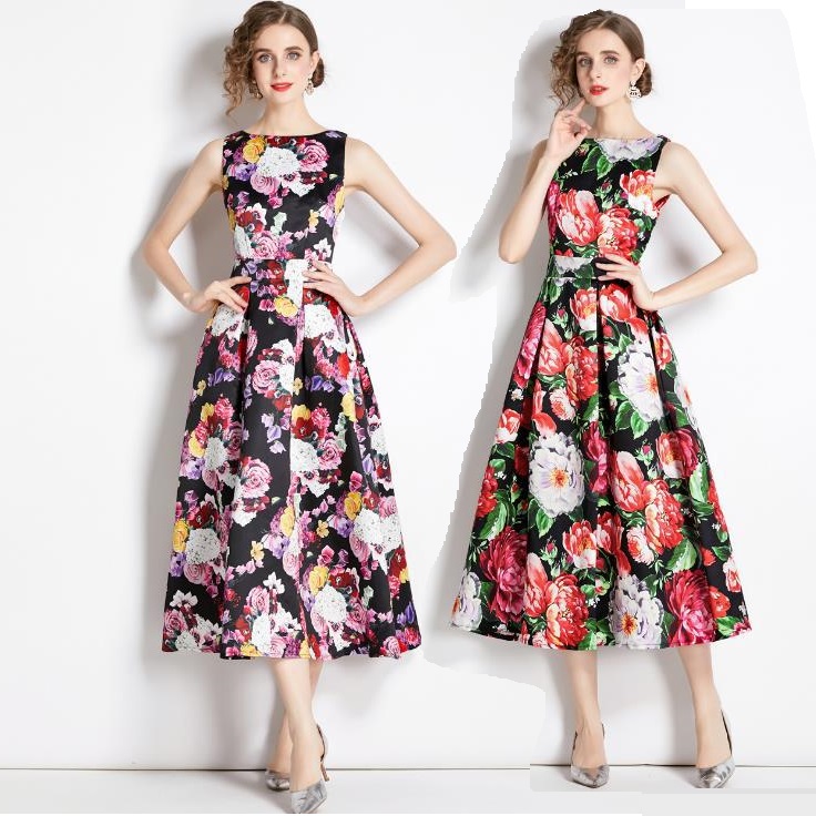 3COLOR★S～3L★出かけ パーティー　大人気品 優雅印象 華やか　花柄プリントドレスワンピース