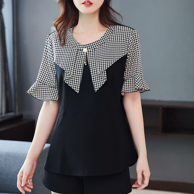 ★L～6L★大きいサイズ 通勤 オフェス着 異素材切替 千鳥柄切替トップス　ブラウス