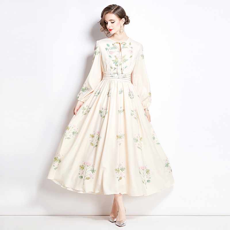 M～3L★春夏新作 出かけ パーティー 大人優雅印象　可愛いリボン　パフスリーブ　花柄ロングワンピース