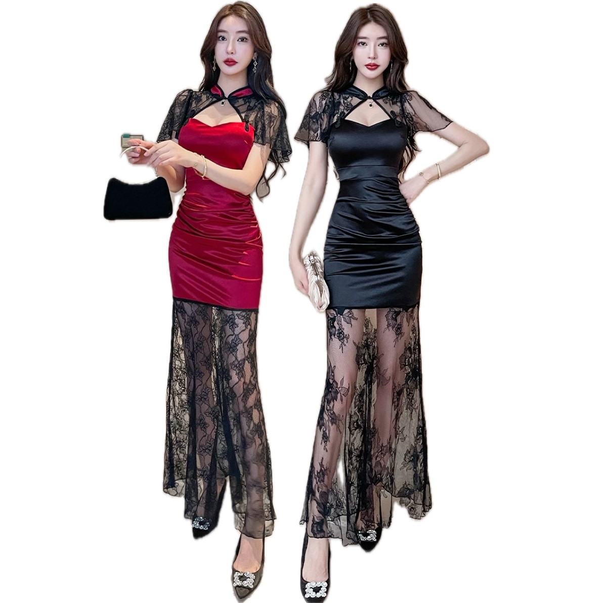 ★S～4L★キャバドレス キャバ嬢  セクシー 前スリット入り 花柄レース切替 ロングワンピース