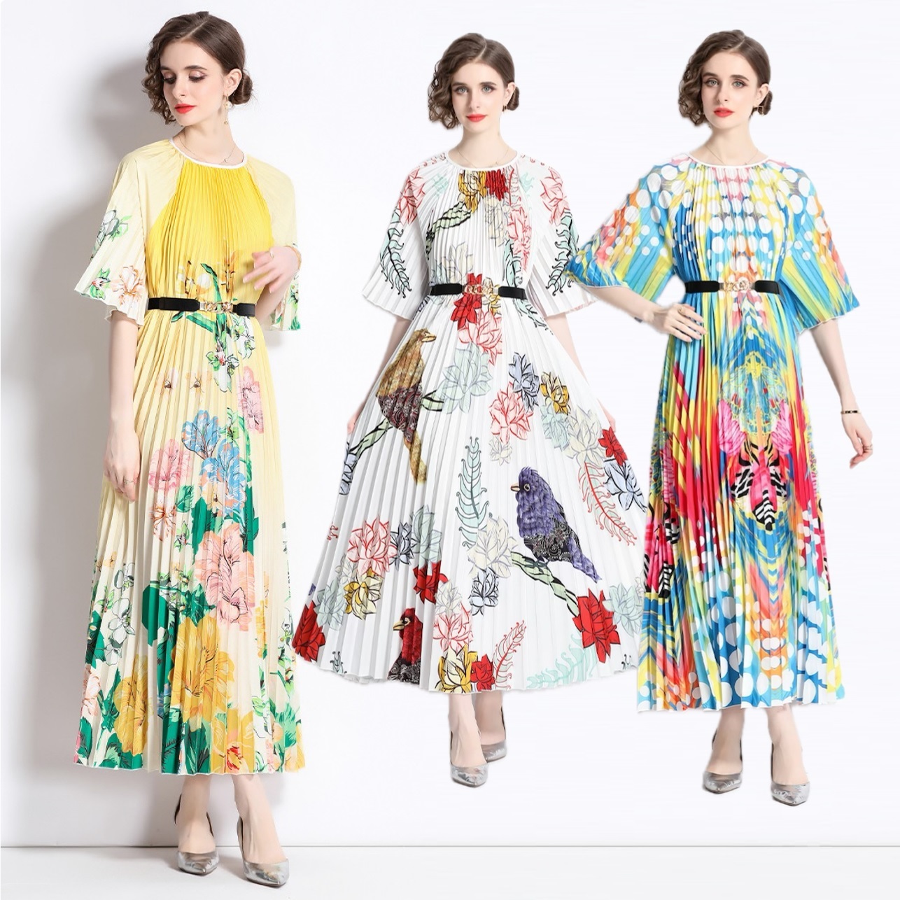 3COLOR★パーティー  結婚式 お出かけ ベルト付き　華やか　プリーツワンピース