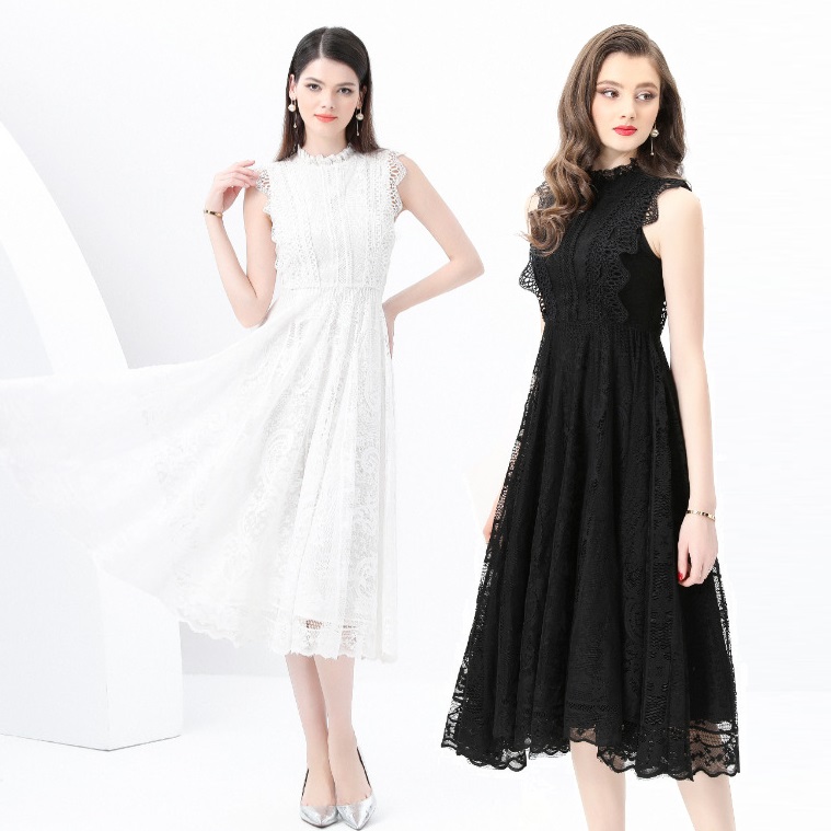 新作 S~3L★結婚式 パーティー  出かけ 上品感　ノースリーブ　花柄総レース　ドレスワンピース