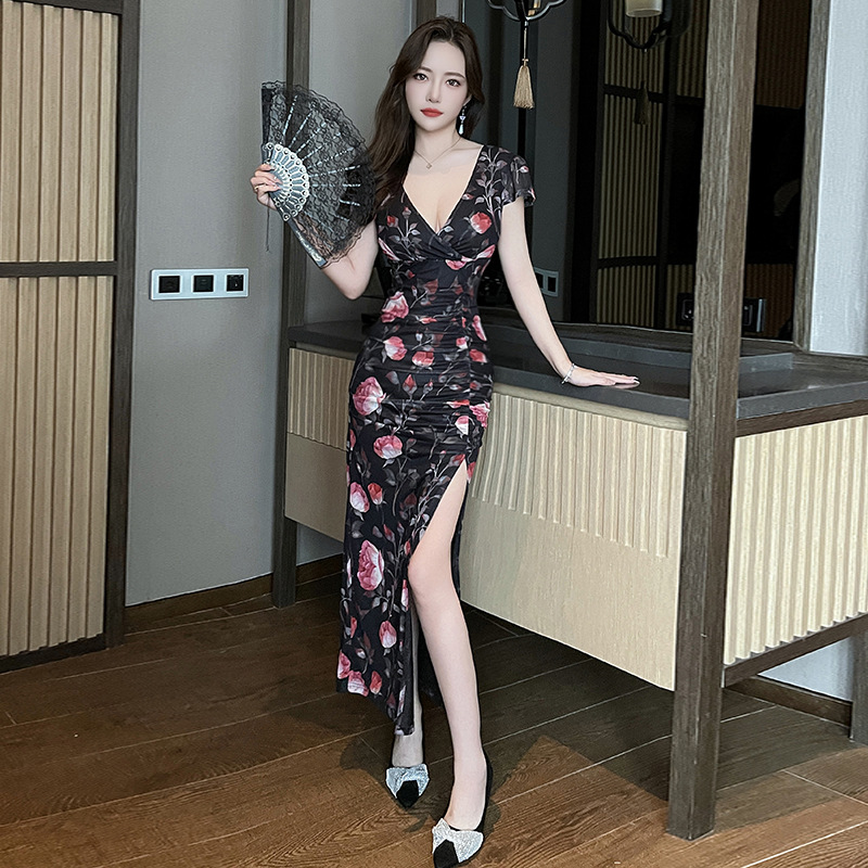 ★S～3L★キャバドレス キャバ嬢ドレス  胸谷セクシー フロントギャザ入り花柄ロングドレス ワンピース