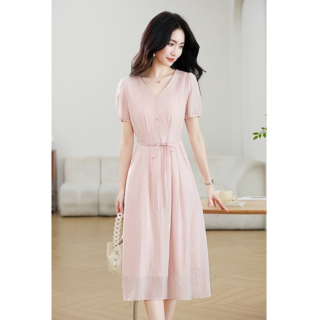 S～2L★夏爽やか 通気性抜群 Vネック　パフスリーブワンピース