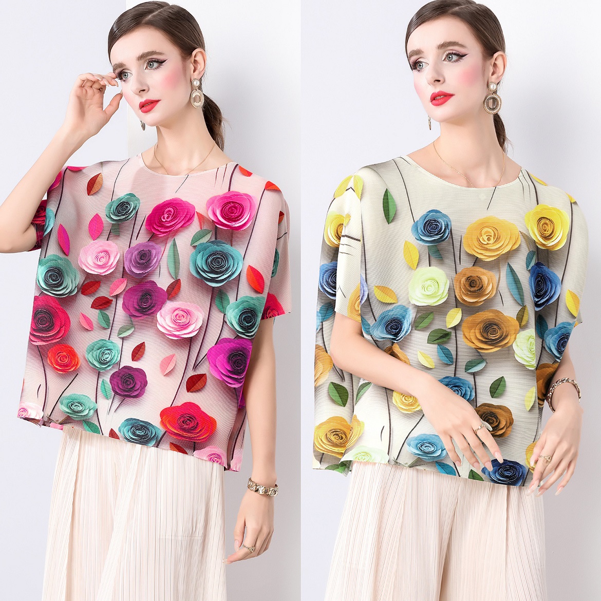 4COLOR★大人可愛い　立体感花柄プリント　ゆったり　ブラウス　トップス