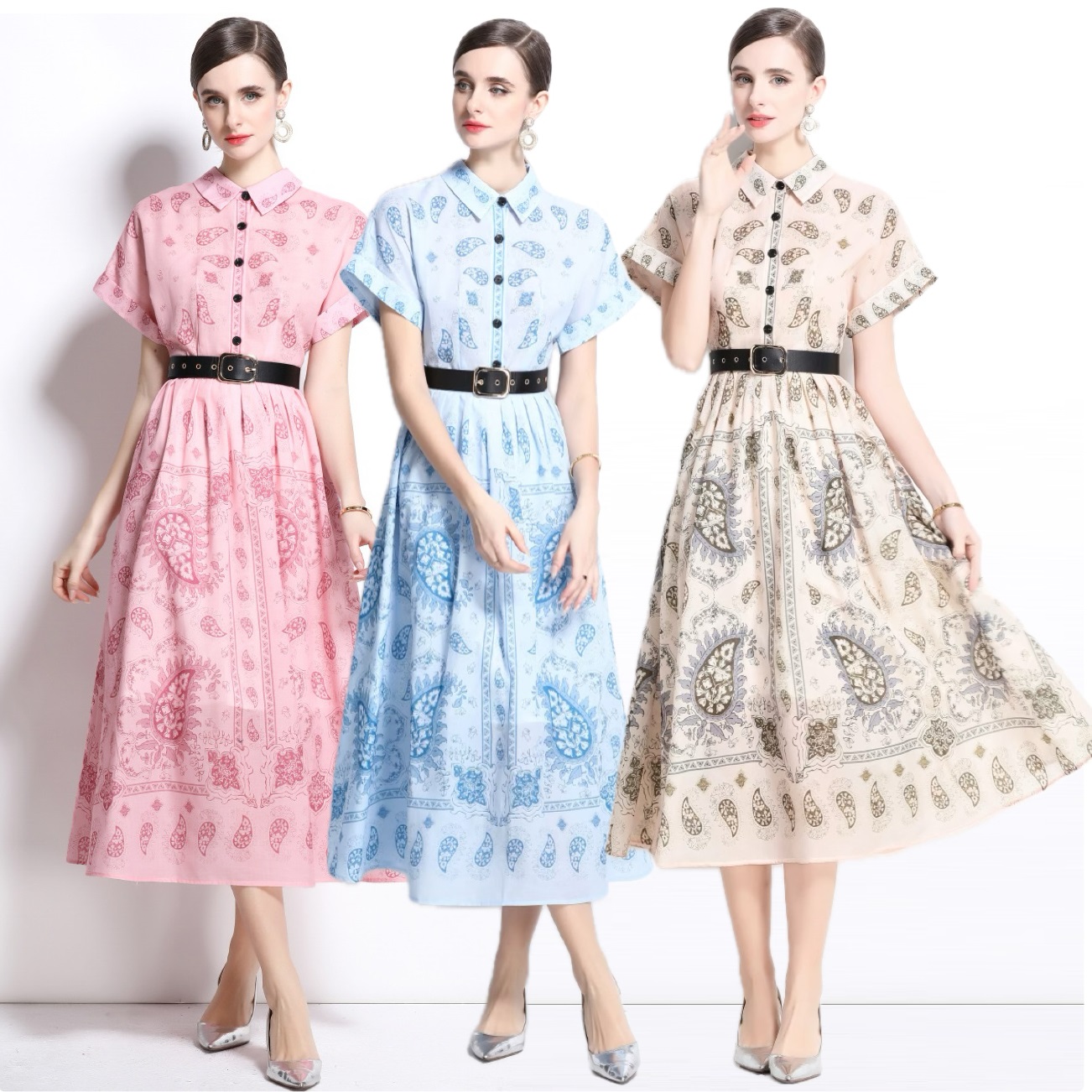 2025新作 M~3L★結婚式 パーティー 大人優雅印象　ベルト付き 半袖ロングワンピース