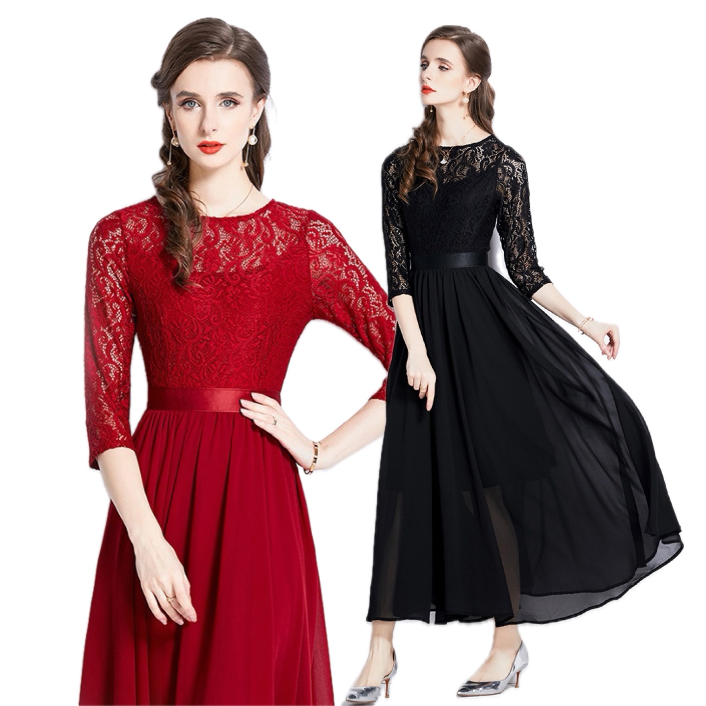 S～4L★通勤 オフィス着 出かけ パーティー ボリューム感　花柄レースシフォン切替ロングドレス