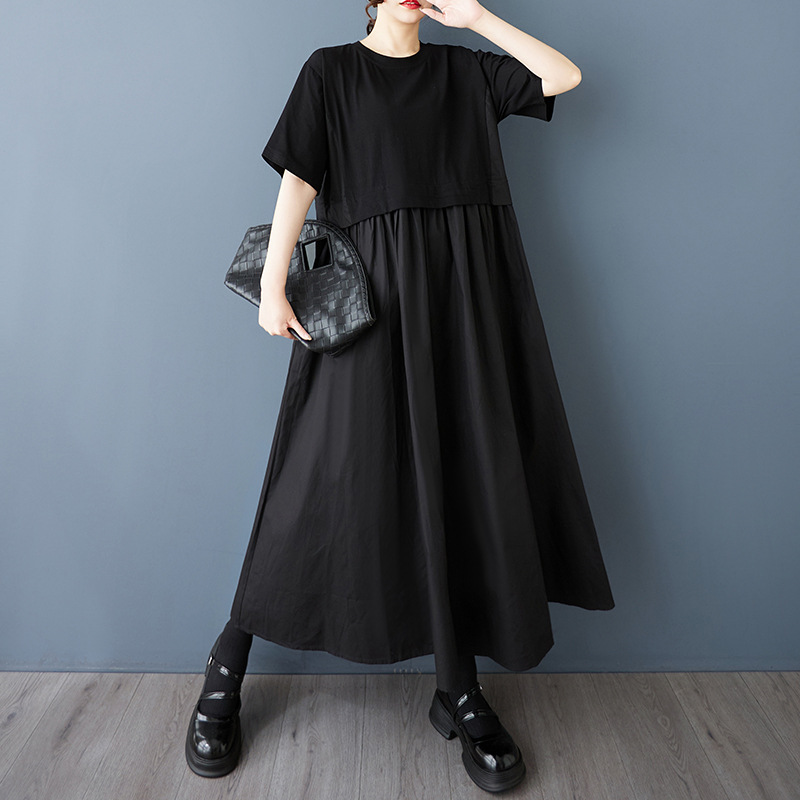 2025新作 ★シンプル ゆったりめ ウエストギャザ入り　異素材切替ドッキングワンピース