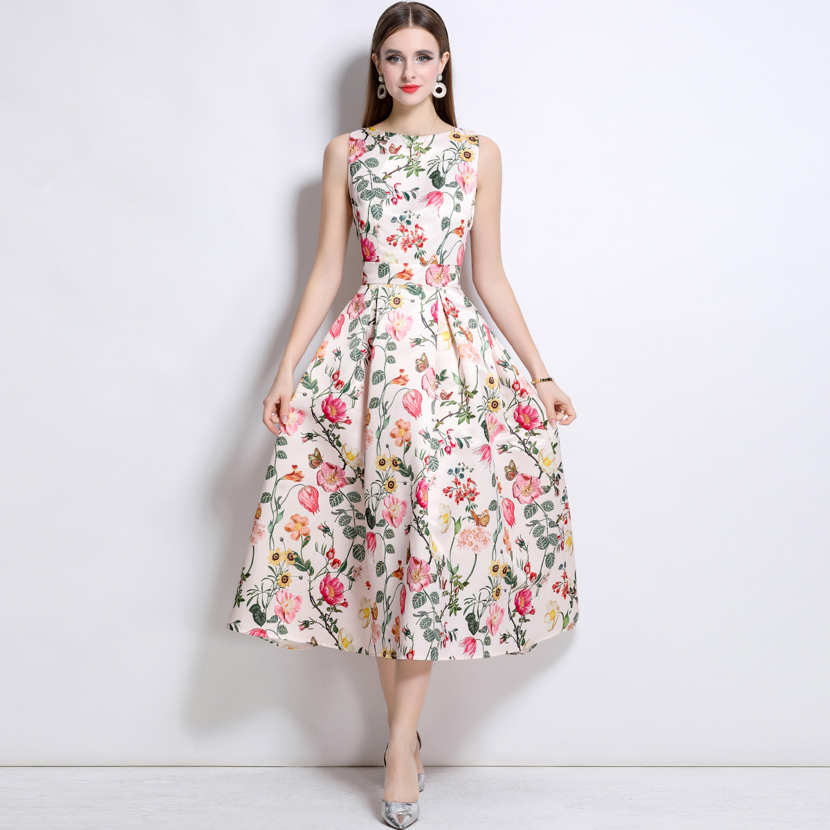 S～3L★パーティー  結婚式 お出かけ デート 可愛い花柄プリント ノースリーブワンピース