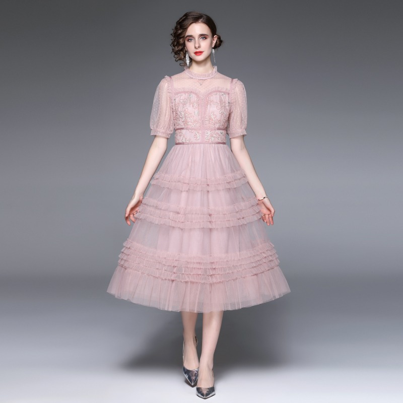 ★S～3L★パーティー  披露宴 上品印象花柄刺繍 レースドット柄切替可愛いフリル チュールドレスワンピース