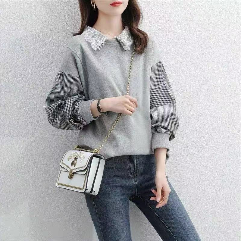 3COLOR★ゆったりめ　可愛いレースチエック柄襟 　異素材切替　トップス　カットソー