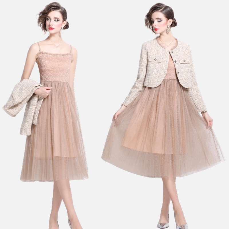 お手頃価額★S～3L★上品感 ツイード ジャケット　チュールワンピース　２set