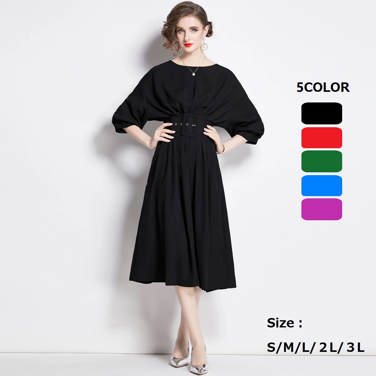 M～3L★パーティー 披露宴 司会 出かけ 二次会  ゆったりめドルマンスリーブドレス