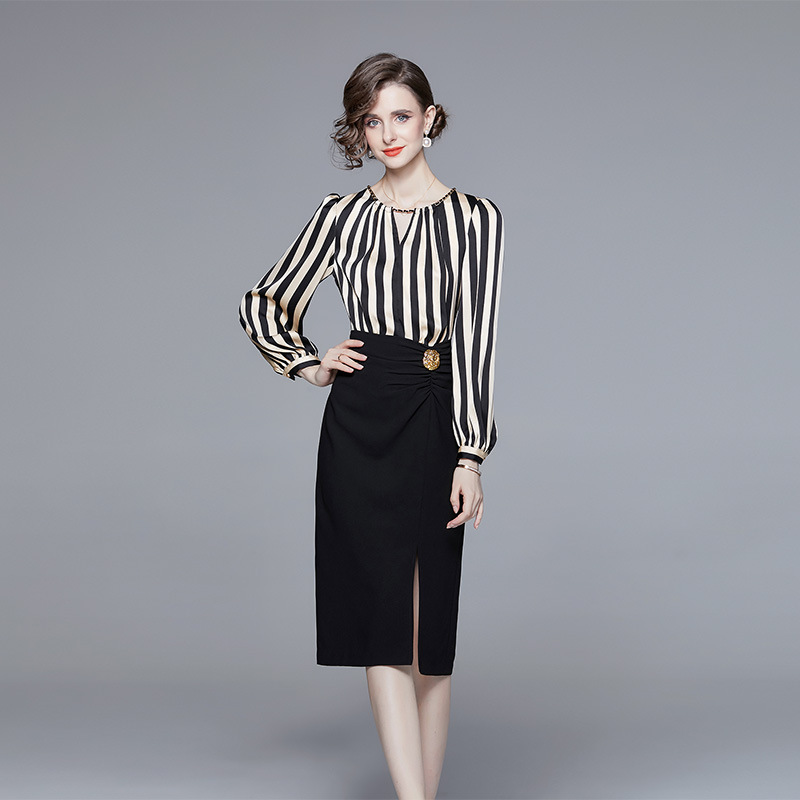 M～4L★パーティー  結婚式 お出かけ オシャレ黒白縞柄切替　ドッキングワンピース　ドレス