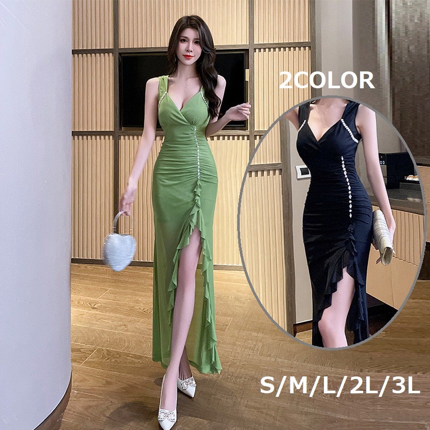 ★S～3L★キャバドレス キャバ嬢ドレス  上品感ビジュ付き 可愛いフリル セクシー ロングドレス ワンピース