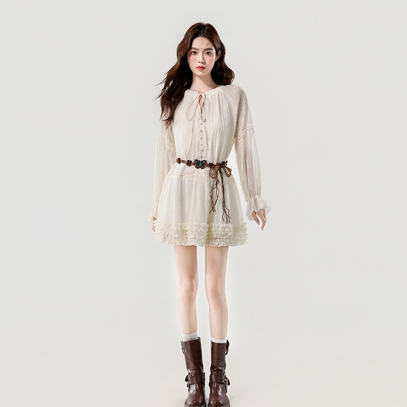 S～2L★109系　可愛いフリル　ベルト付き　長袖　ミニ丈ワンピース