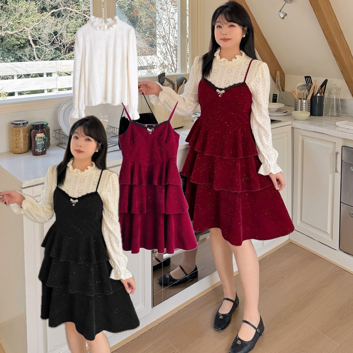 ★2L～5L大きいサイズ ★暖かいレーストップス　ティアードワンピース　2点セット