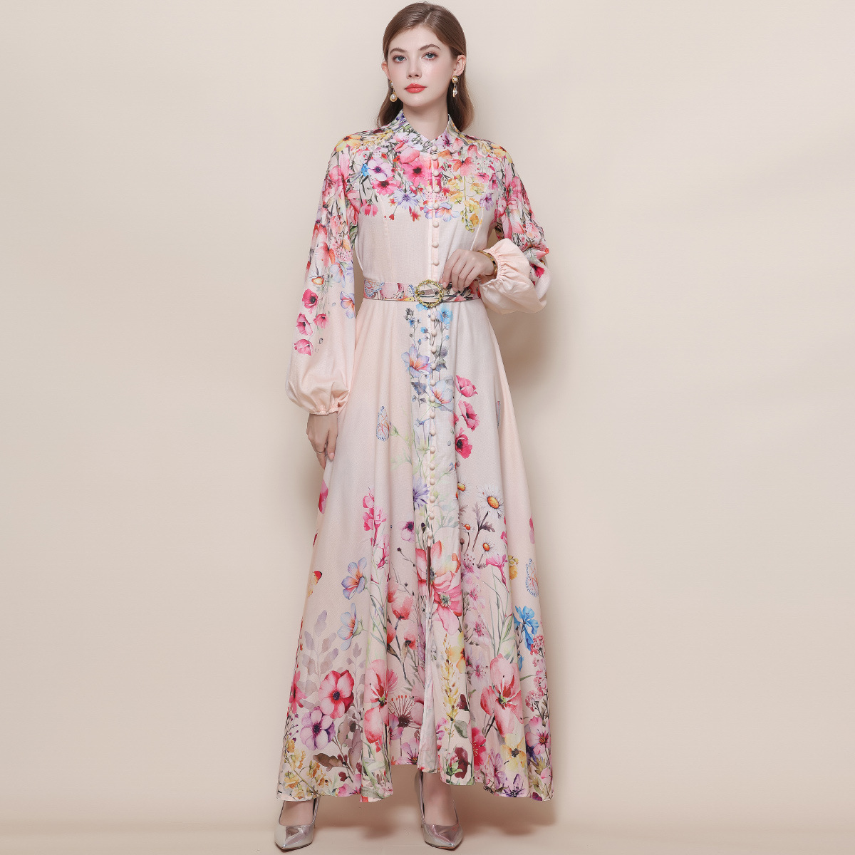 2026新作★出かけ パーティー   大人可愛い長袖パフスリーブ　優雅　花柄ロングワンピース