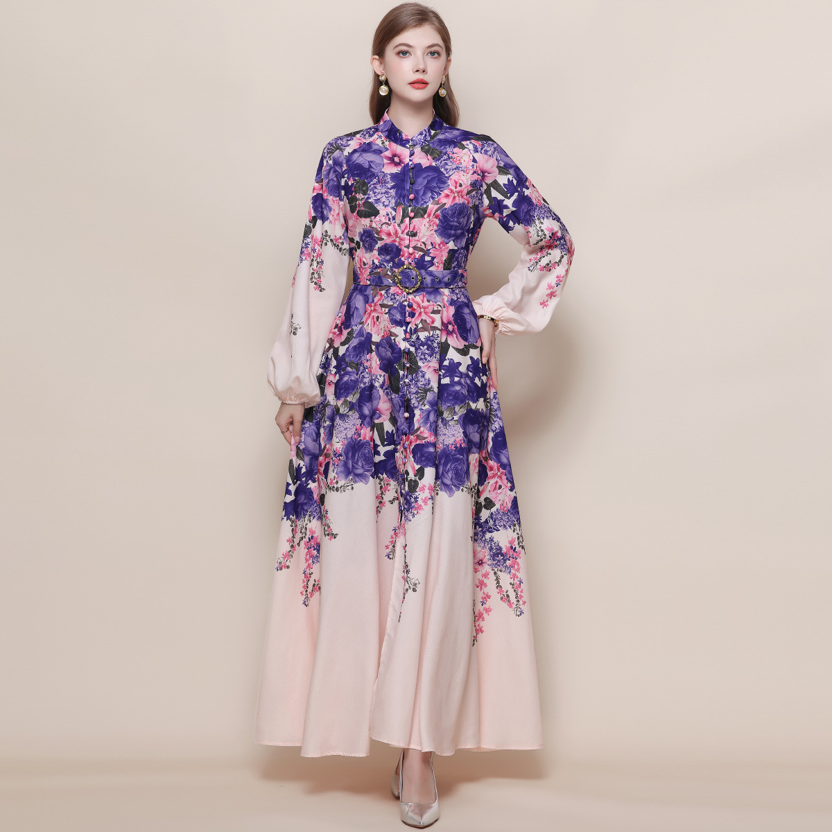2026新作★出かけ パーティー   大人可愛い長袖パフスリーブ　優雅　花柄ロングワンピース