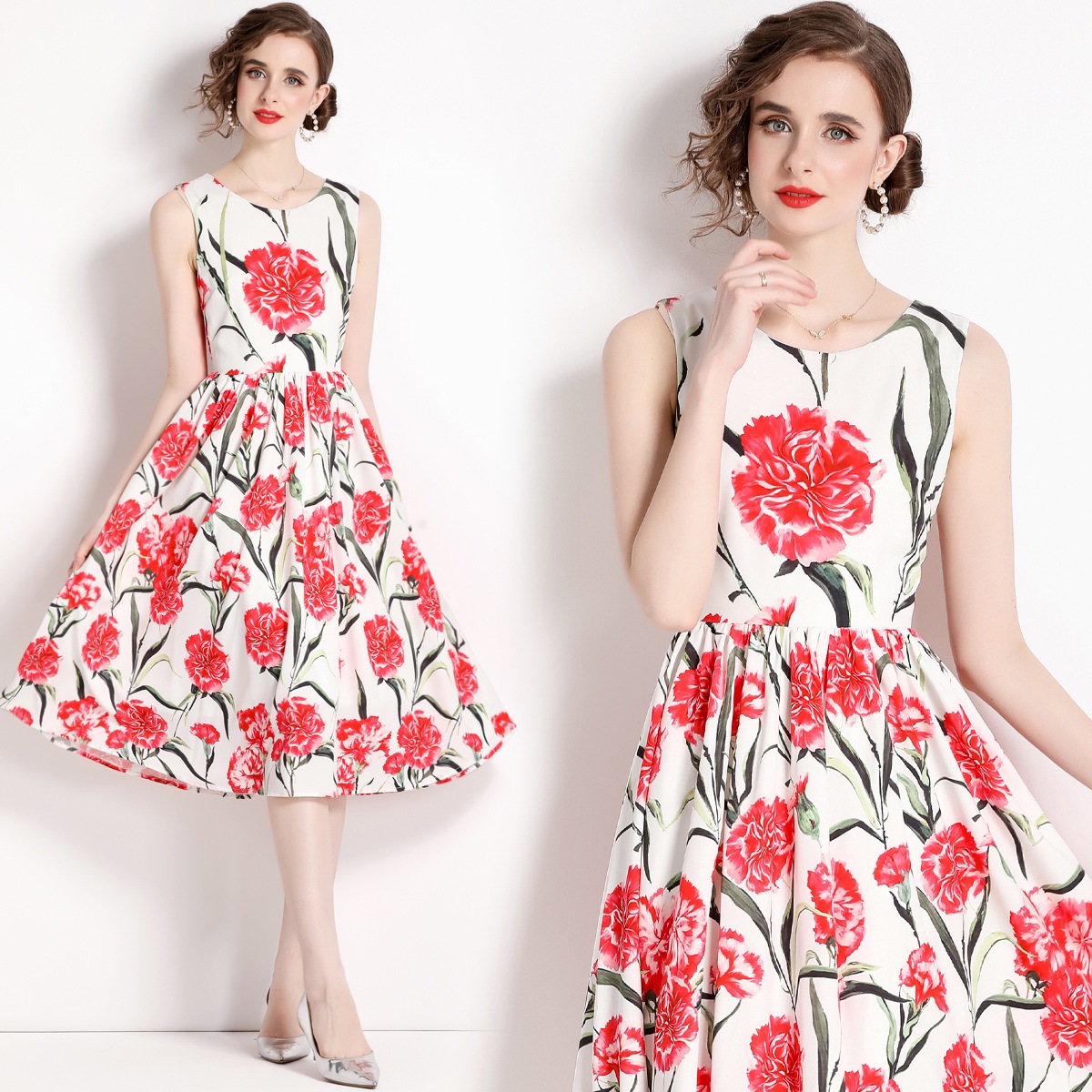 S～3L★通勤 オフィス着 パーティー  結婚式 大人優雅印象 ノースリーブ 可愛い花柄ドレスワンピース