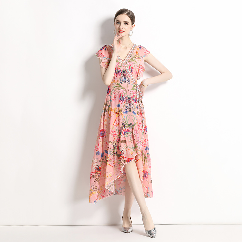 ★M～3L★通勤 パーティー 結婚式  インナー付き Vネック　イレギュラーフレア　花柄ワンピース