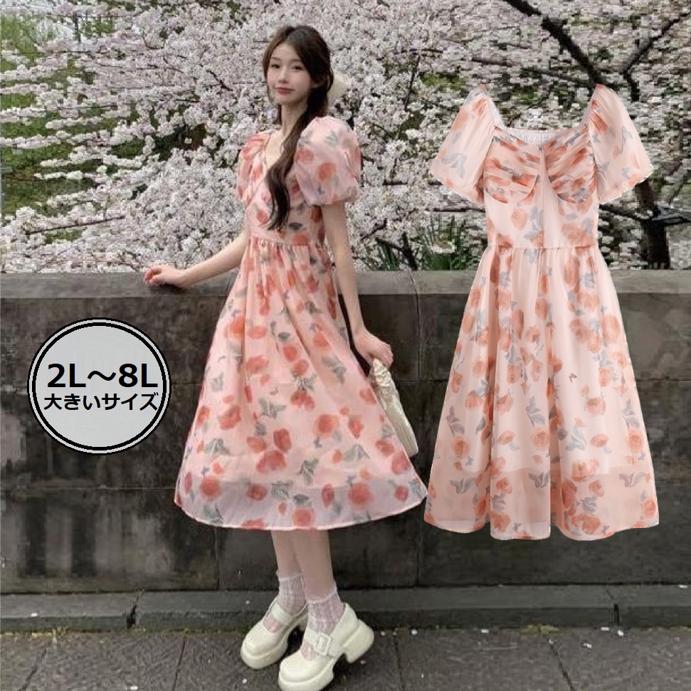 ★2L~8L★大きいサイズ★背中シャリングゴム入り　柔らかいシフォン　花柄ワンピース