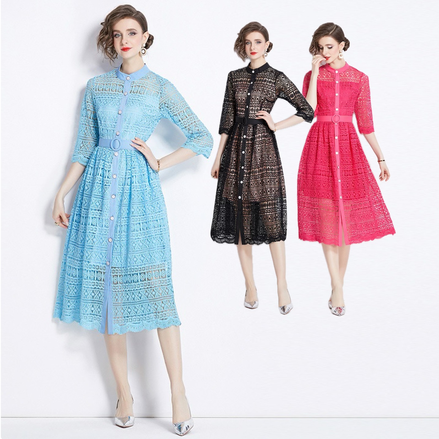 S～3L★新作　出かけ パーティー 大人優雅印象 ベルト付き　ケミカル総レースドレスワンピース