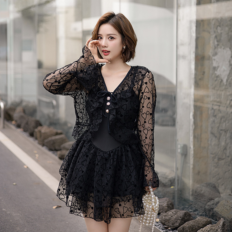 品質保証！L～6L★水着 水泳 海水浴 ビーチ  フロッキー加工可愛いハート柄　ワンピース ボレロ　2点セット