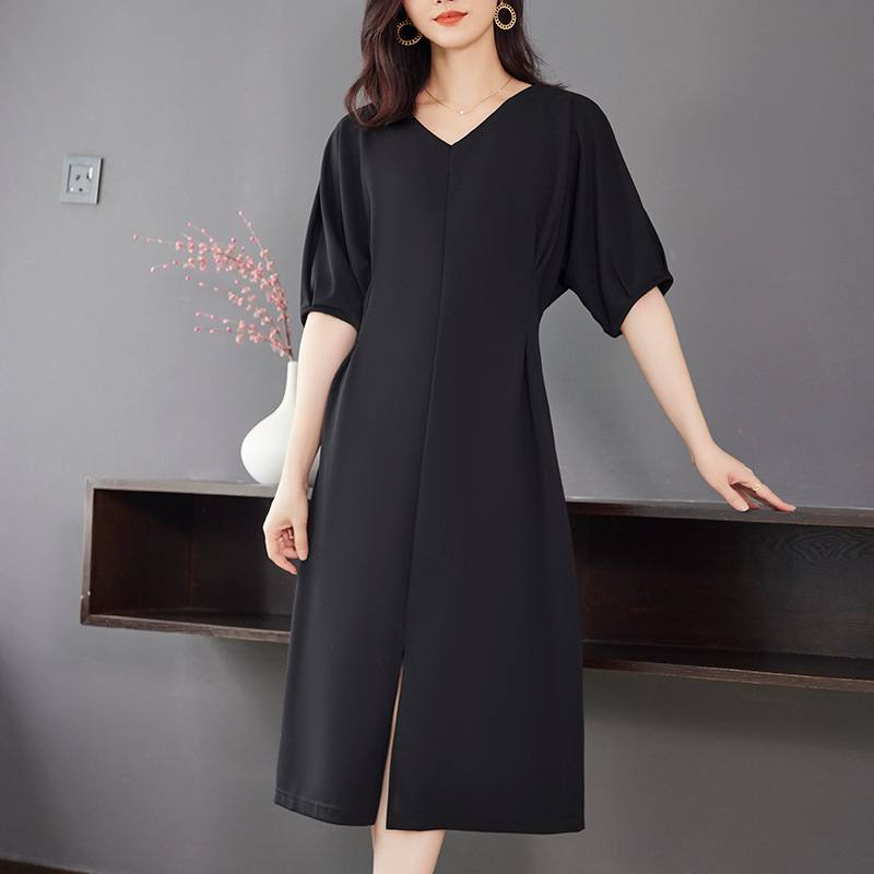 ★L～6L★大きいサイズ 前スリット入り Vネック 五分袖 ドルマンスリーブ ワンピース