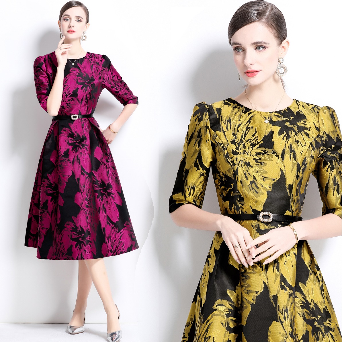 2025新作 S~3L★結婚式 パーティー 上品感ジャガード織　ベルト付き　五分袖ドレスワンピース