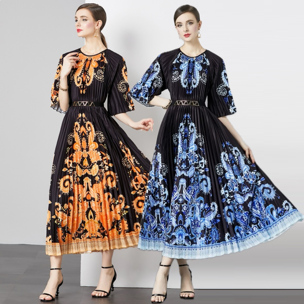 ★パーティー  結婚式 お出かけ ベルト付き　華やか　フジ花プリント プリーツワンピース