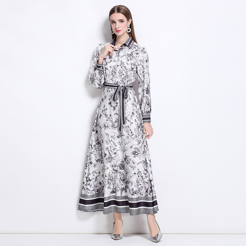 新作 M~3L★結婚式 パーティー 大人優雅印象　ベルト付き トワルドジュイ風プリントロングワンピース