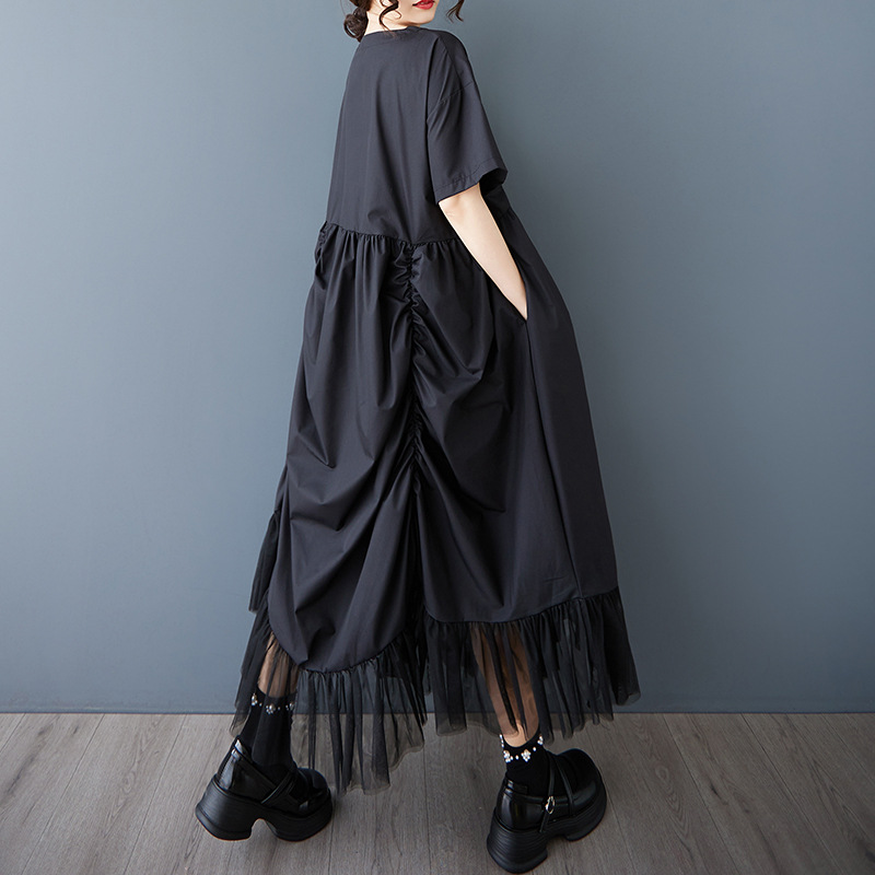 2025新作 ★シンプル ゆったりめ  360度可愛い　個性ギャザ入り　チュール切替ロングワンピース