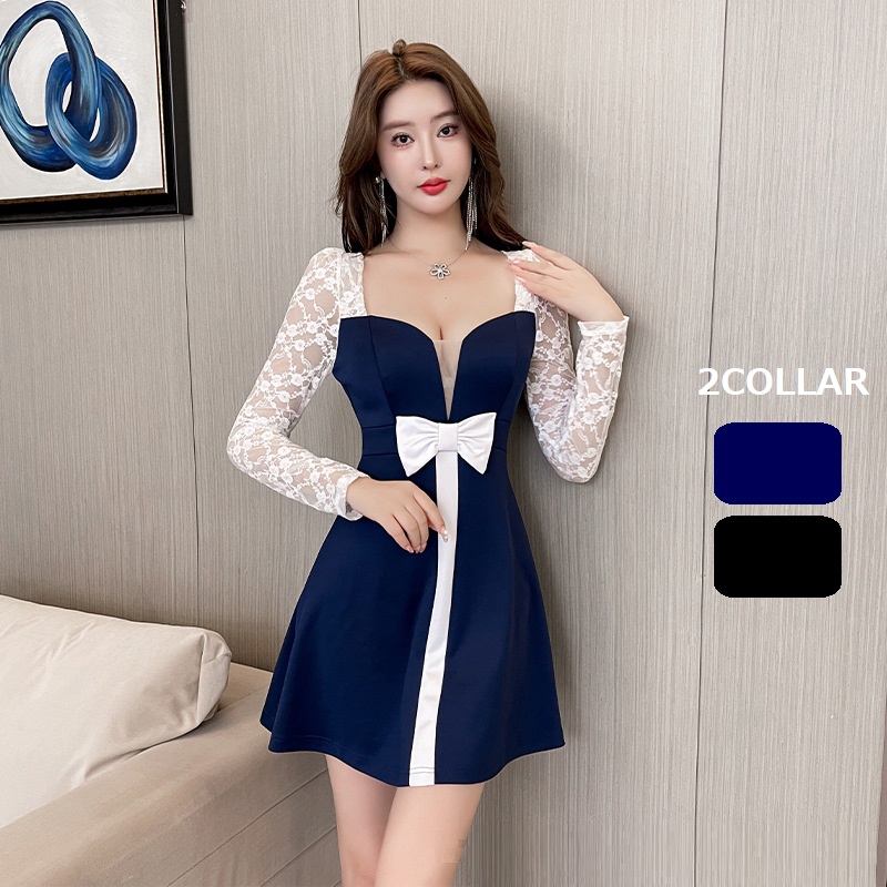 ★S～4L★キャバドレス キャバ嬢 胸元リボン 花柄レース切替ミニ丈ドレスワンピース