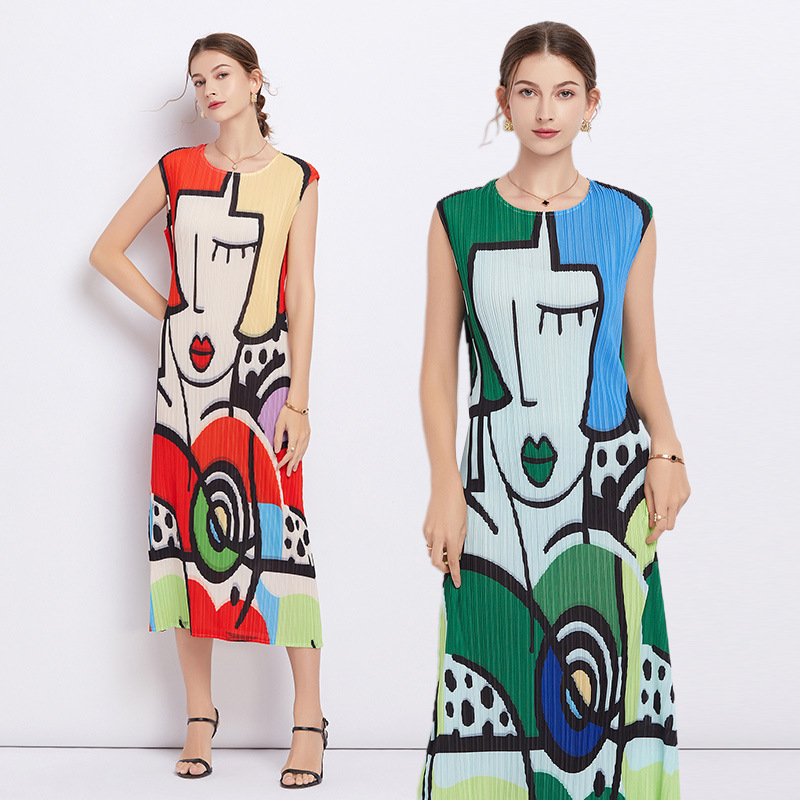 3color★夏新作　個性プリント　着痩せ　プリーツワンピース