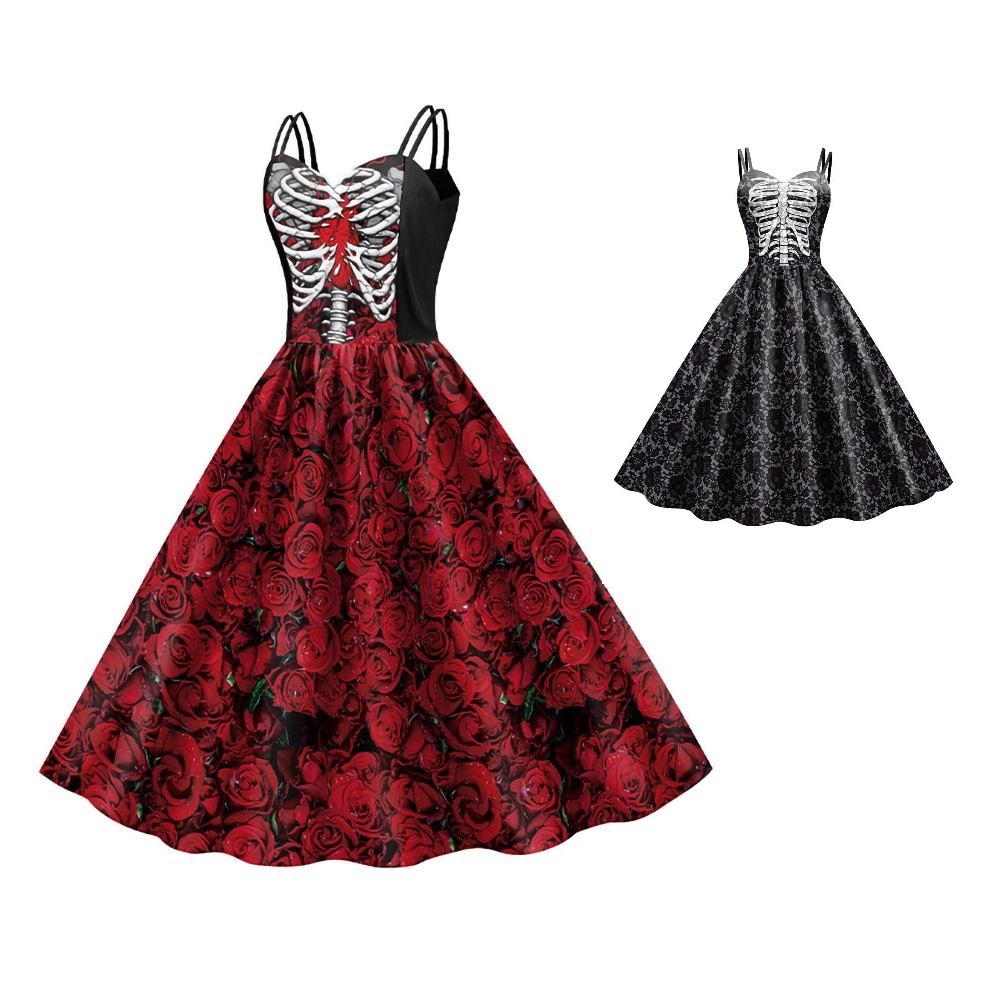 特価！★S～4L★花柄　スカル プリント　コスプレ ハロウィン衣装　ワンピース