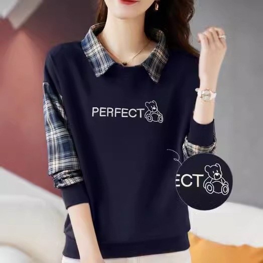 2COLOR★M～5L★可愛い熊ちゃん刺繍入り　チエック柄切替　カットソー　トップス