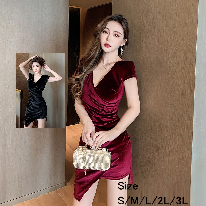 ★S～3L★キャバドレス キャバ嬢  上品ツヤ感ベロア 魅惑の谷間 セクシーミニ丈ドレス ワンピース