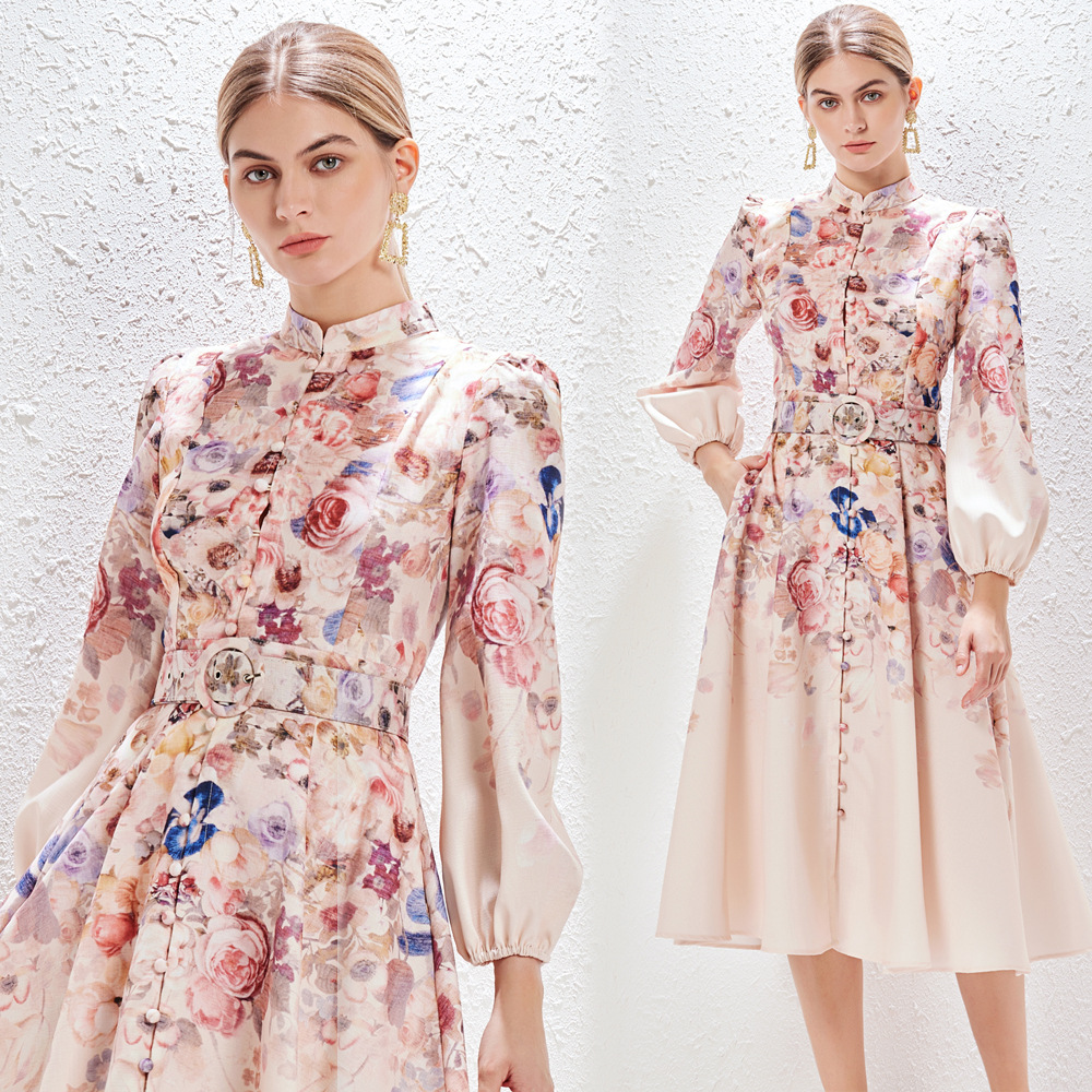 ★M～3L★春ワンピース　ファッション パーティー 　上品感　ベルト付き　パフスリーブ　花柄ワンピース