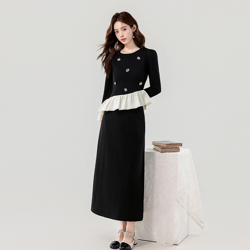 S～3L★通勤パーティー 出かけ バイカラー ペプラム トップス ロングスカート　2点セット