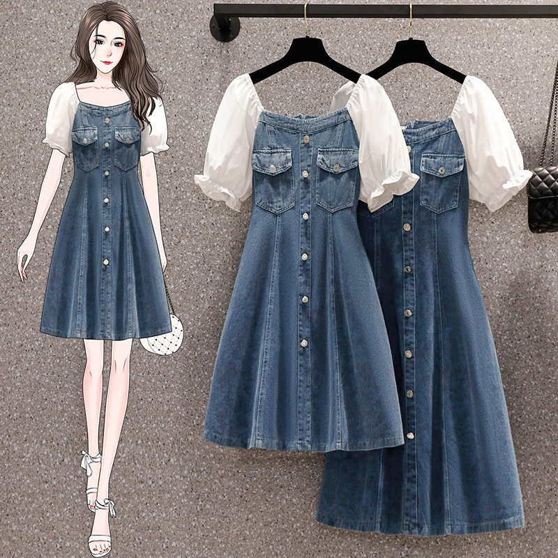 ★M～5L★大きいサイズ★バイカラー 鎖骨魅せ 可愛いパフスリーブ デニムワンピース