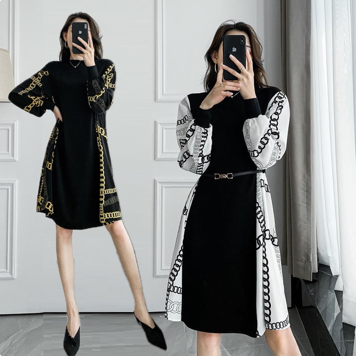 M～3L★ゆったり　オシャレニットベルト付き 上品感 シフォン切替ニットワンピース