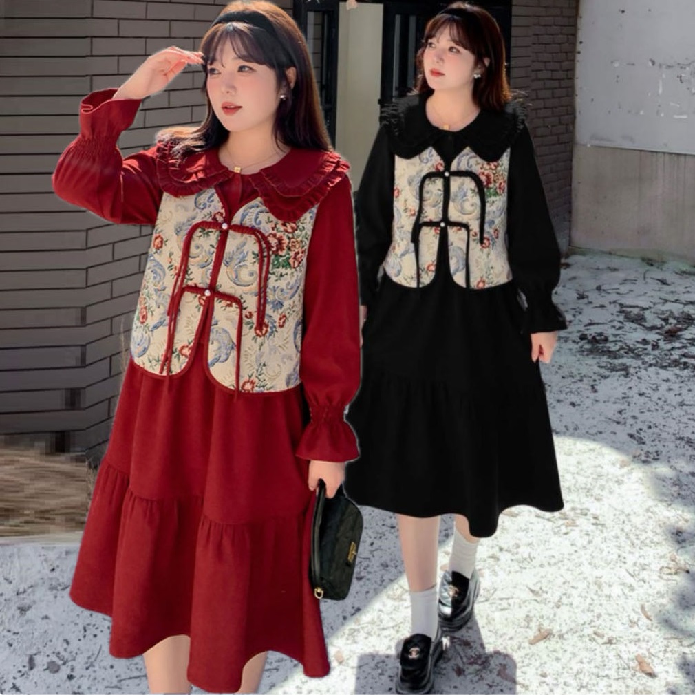 ★2L～6L大きいサイズ ★ジャガード織ベスト 可愛いダブル襟　ワンピース　２セット